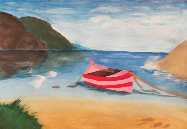Boot am Strand, Acrylmalerei, Muthahira Yawary, 10c