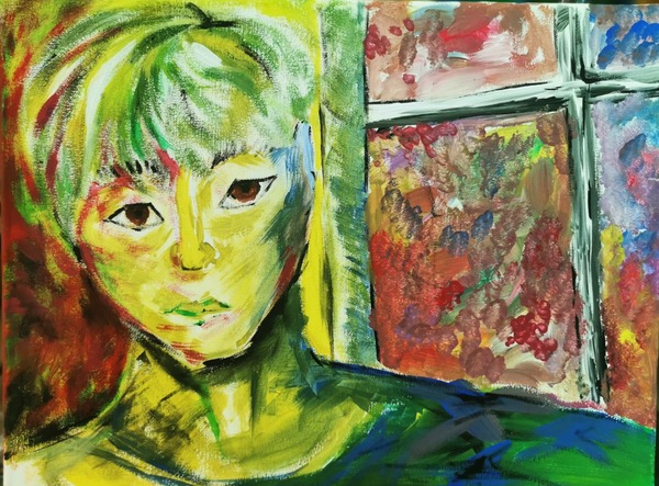Expressionistisches Selbstporträt am Fenster, Sky Schmidt 10d