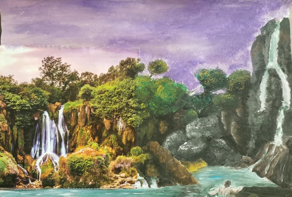 Romantische Landschaft, Collage und Acrylmalerei, Sky Schmidt 10d